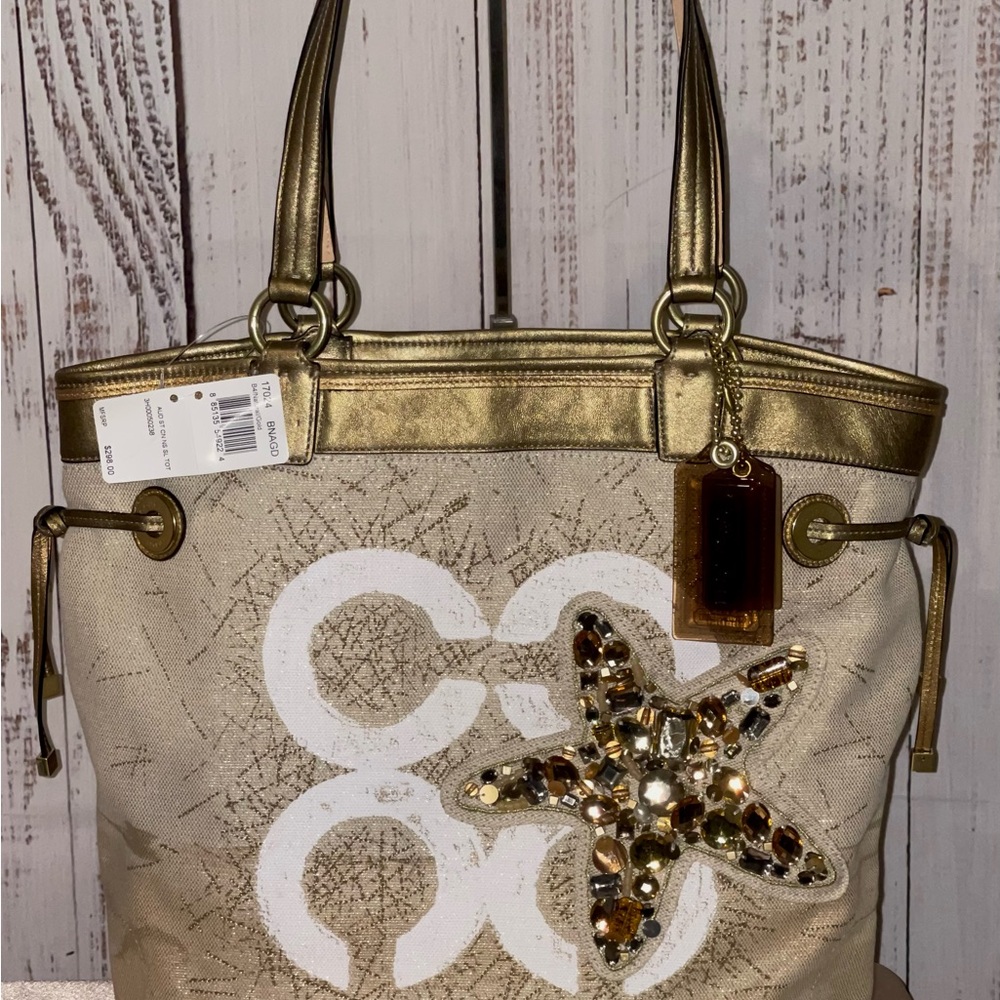 NWT! Coach Audrey Starfish Canvas NS B4/Natural/Gold Slim Tote 17024 RARE